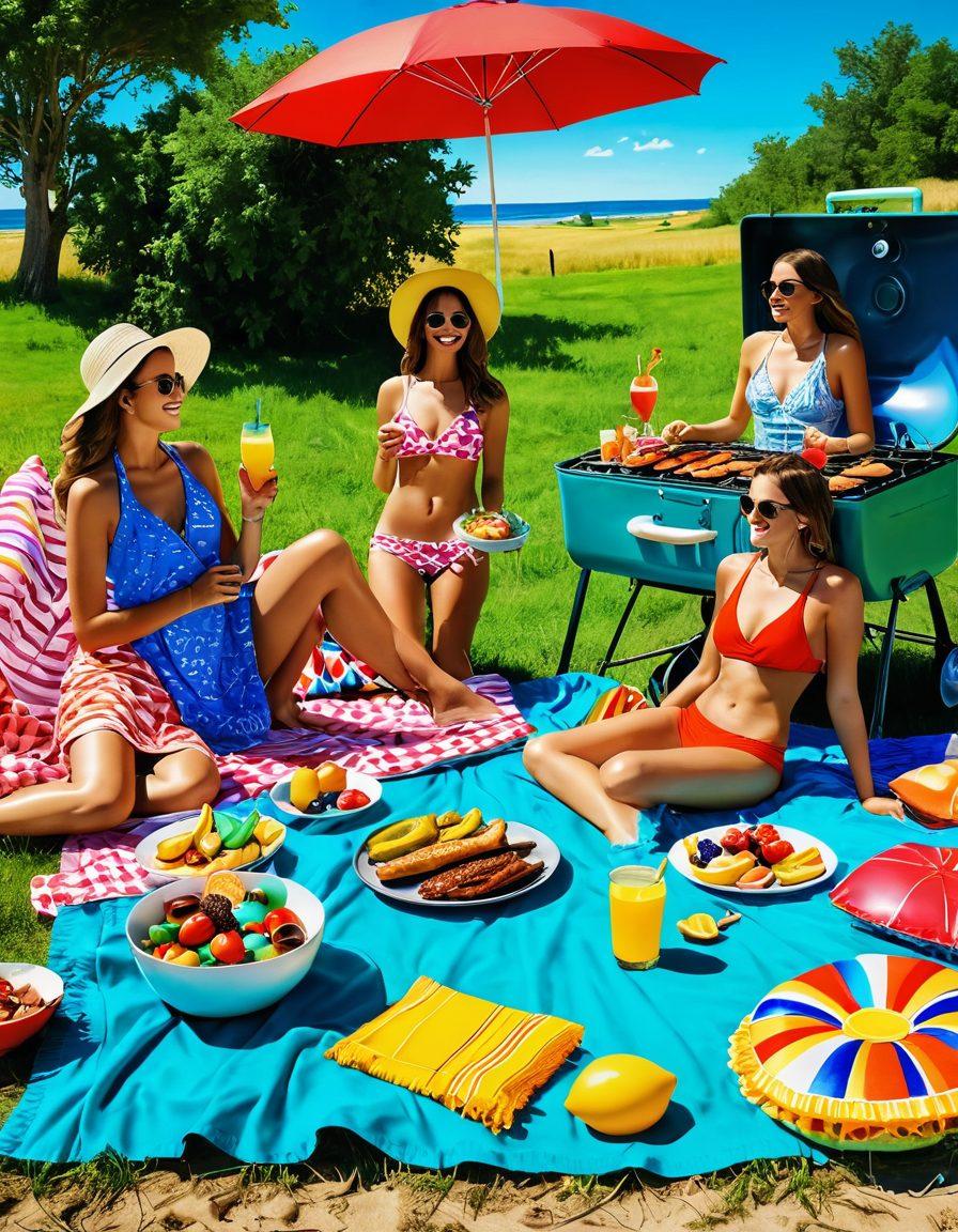 A sun-kissed countryside scene showcasing a vibrant beachwear picnic with colorful blankets, delicious barbecue on a grill, and cheerful people enjoying food and drinks. Include lush green fields and a bright blue sky in the background. Add playful beach items like umbrellas and beach balls for a fun vibe. super-realistic. vibrant colors. bright and cheerful atmosphere.