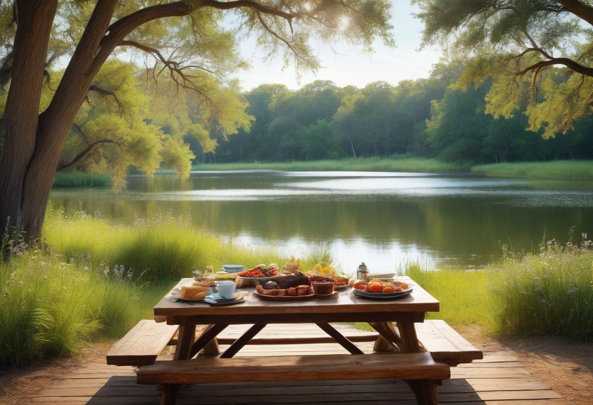 A tranquil Texan lake scene showcasing a rustic wooden table filled with comfort food like BBQ ribs, cornbread, and fresh vegetables, surrounded by wildflowers and tall grasses. In the background, a serene shoreline with oak trees reflecting on the water, while a couple enjoys a leisurely picnic. Soft sunlight filters through the trees, creating a warm and inviting atmosphere. super-realistic. vibrant colors. peaceful setting.
