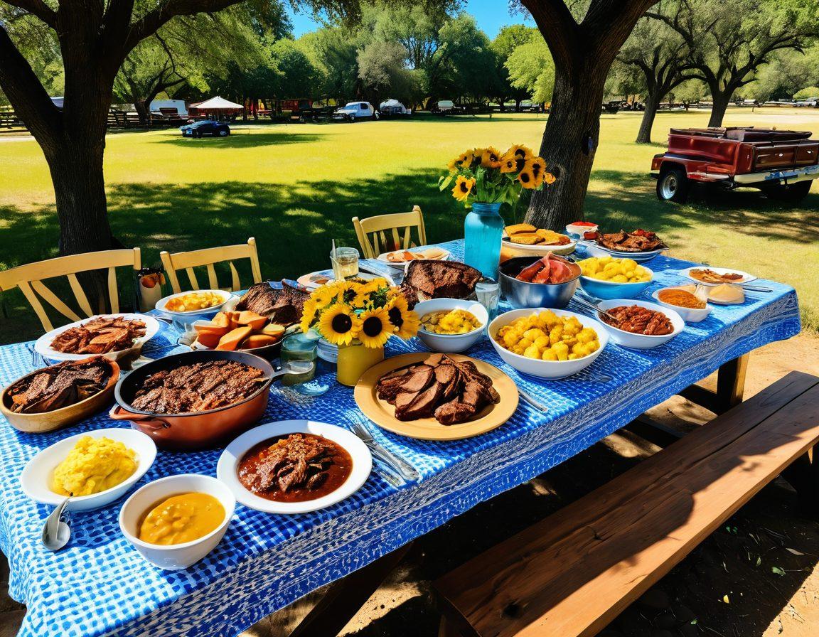 A picturesque rural dining scene in Texas, featuring a rustic wooden table laden with mouthwatering Texan dishes like brisket, cornbread, and BBQ sauce. Vibrant sunflowers surround the table, and people in colorful swimwear are joyfully savoring their meals under a clear blue sky. Enhance the warmth of the atmosphere with soft golden sunlight filtering through the trees. super-realistic. vibrant colors. outdoor setting.